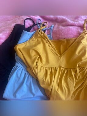 2/35$ BUNDLE: Set of Women's Babydoll Tank Tops - Mustard Yellow, Baby Blue, Bla